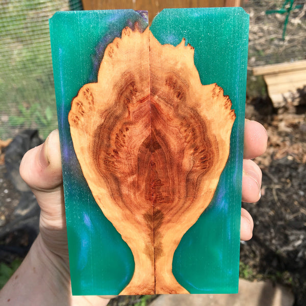 Red Mallee Burl w/ Green/Purple Resin Knife Scales