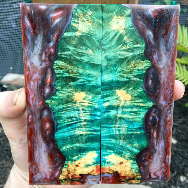 Multi Dyed Box Elder Burl w/ Copper Pearl Resin Knife Scales