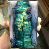 Blue Green Dyed Box Elder Burl w/ Blue Pearl and Black Resin Knife Scales