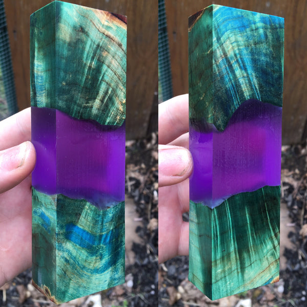 Blue/Green dyed Box Elder w/ Clear Violet Resin Blank