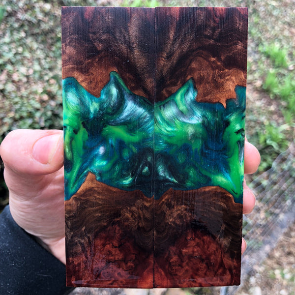 Red Mallee Burl w/ Green Resin Knife Scales