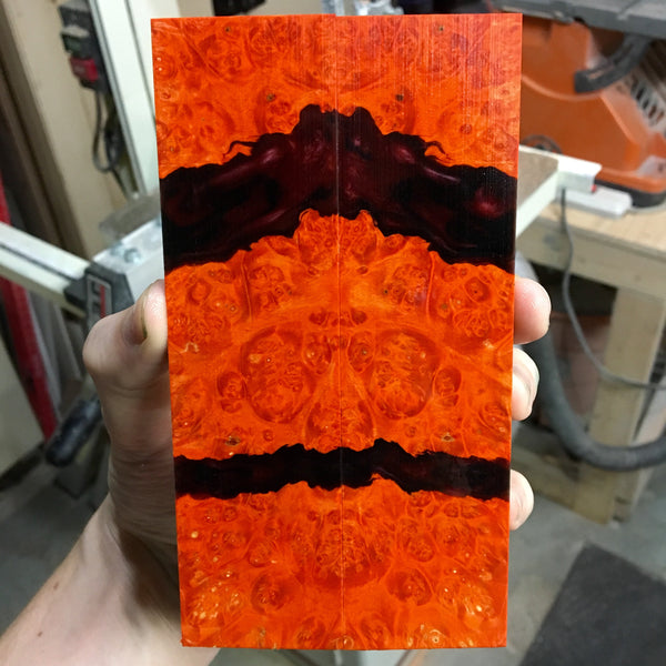 Orange Dyed Box Elder Burl w/ Black/Maroon Resin Knife Scales