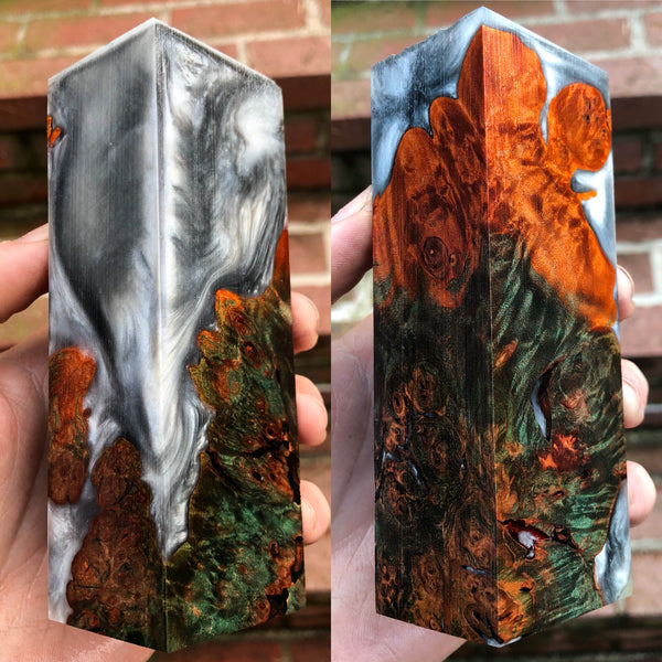 Green and Orange Dyed Maple Burl w/ Silver Resin Hybrid Blank