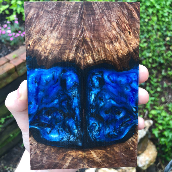 Spalted Maple Burl w/ Blue Resin Knife Scales