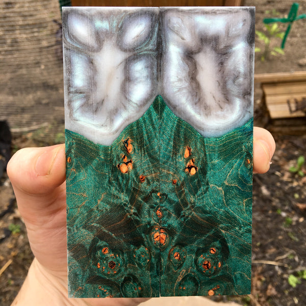 Blue Green Dyed Maple Burl Hybrid Knife Scales (Thin)