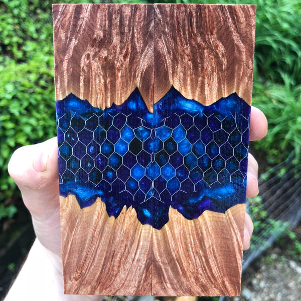 Maple Burl w/ Blue Honeycomb Resin Knife Scales
