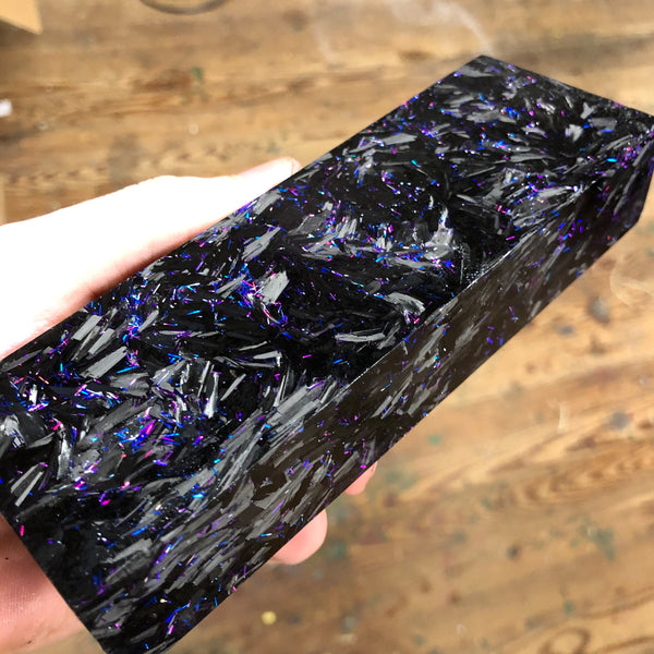 Shredded Carbon Fiber w/ Holographic Blue and Purple Shreds Blank 6 1/4”L x 2 1/16”W x 1 3/16” thick